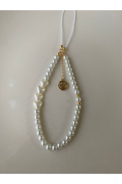 Stoneday White Heart Pearl Gold Smiling Face Detailed Hanging Pearl Phone Charm Lanyard Strap