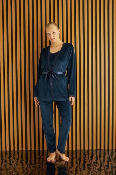 Pijamoni PYJAMONY VELVET 3-PIECE SLINGED WOMEN'S PYJAMATAKIM 5545 - NAVY BLUE