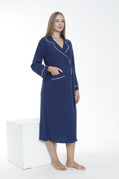 Miss Dünya Lissa Long Wrap Fabric Dressing Gown for Pregnant and Maternity - Collar and Sleeve Stripe Detailed