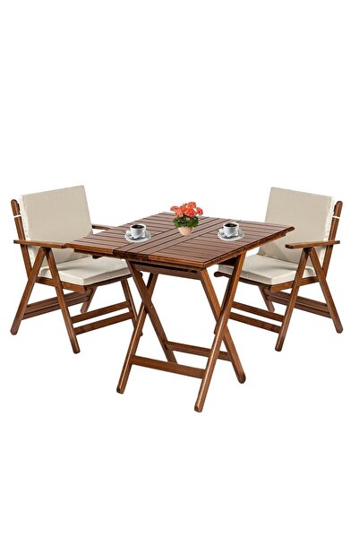 Bahçeme Antalya Ahşap Bahçe Balkon Takımı: 80x80 Masa + 2 Minderli Sandalye K...