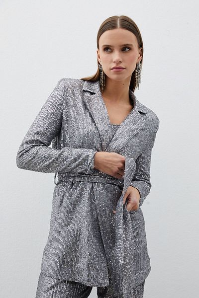 Sateen Jachetă cu curea cu paiete SILVER