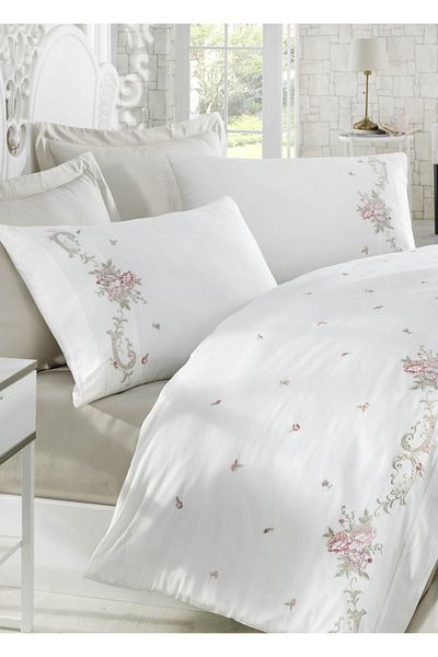Dantela Set de lenjerie de pat din satin de bumbac brodat Rosenna alb