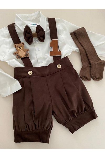 tubibebe Winter Teddy Bear Concept Shorts, Salopet + Shirt + Bow Tie + Socks
