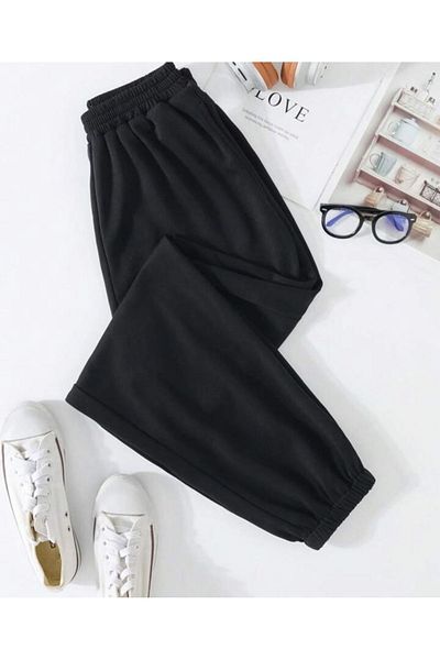 Josette Raised Black Plain Sweatpants