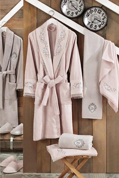 Dantela Lara 8 Piece Bamboo Bathrobe Set - Guipure, Powder/Stone