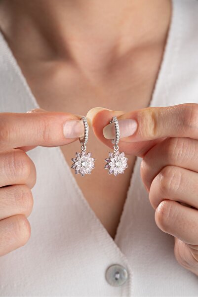 Silvano Jewelry 925 Ayar Gümüş Pembe Lotus Çiçeği Küpe