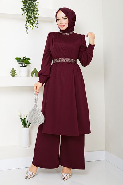 ModaMerve طقم حجاب أحمر كلاريت - تفاصيل حجرية، 280DVL897-M