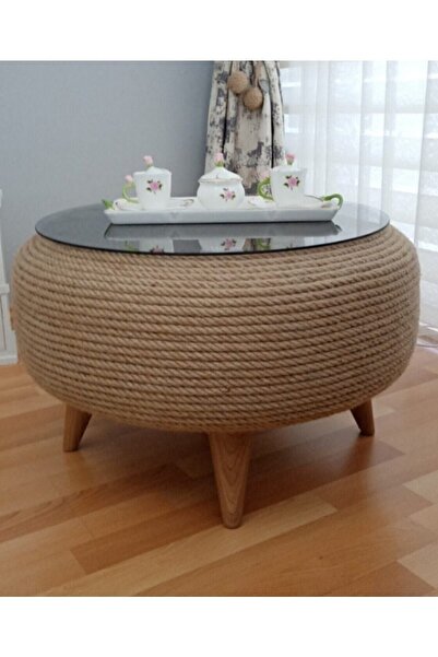 DİLAY HOME DESIGN Jüt Kendir Halat Ip Yuvarlak Puf Minder Sehpa Doğal Hasır