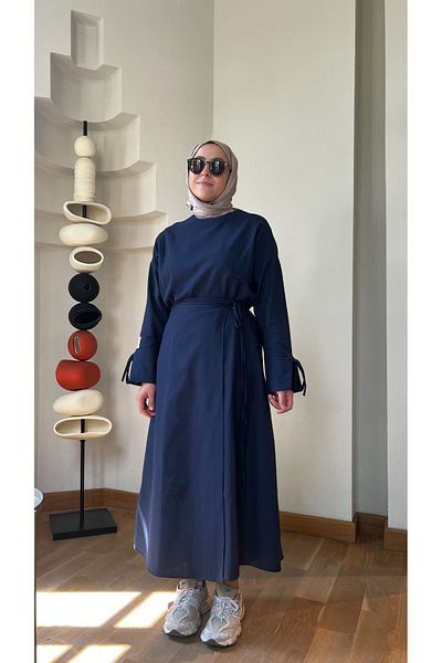 QUBİ OFFİCİAL QUBI Linen - Rope Tied Wrap Skirt and Zero Collar Sleeves Set