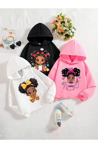 MORNİNG KİDS 3 Pack Hooded Sweatshirt for Girls - Pink, Black, White