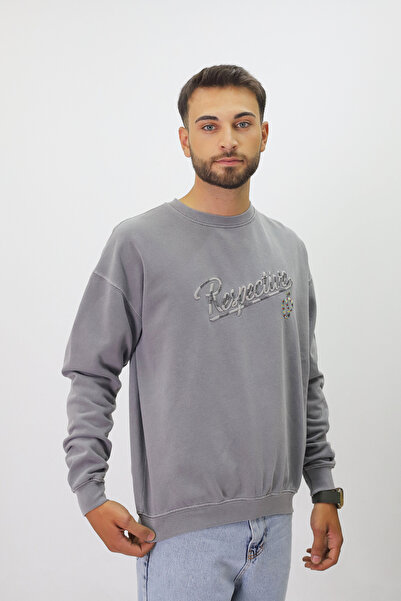 Diop Eskitme Desenli Unisex Sıfır Yaka SweatShirt