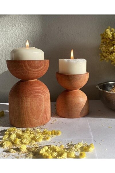 Vera Hediyelik Eşya 2'li Ahşap Konik Şamdan Mumluk Dekoratif (MEŞE RENK)