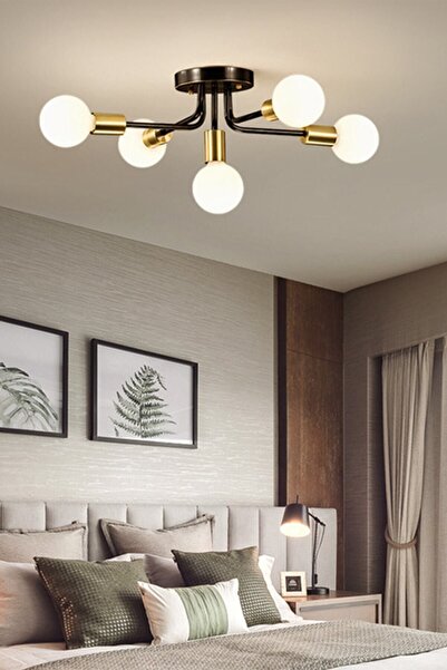 Lambadar Döngü Modern Tasarım Siyah Renk Beşli Avize (CAMSIZ MODEL)