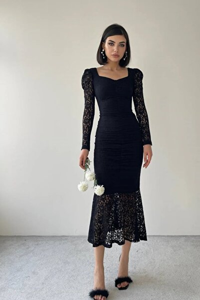 WOMAN VISION Damska sukienka midi z koronkową tkaniną z przodu i rękawami w przezroczystym wzornictwie w kolorze czarnym, rozmiar 215