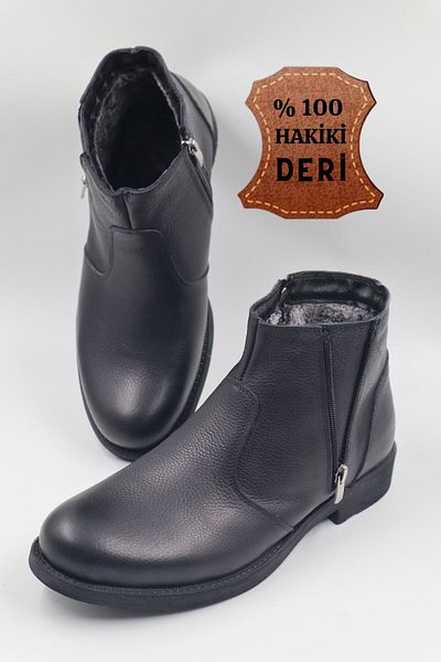 nazenintasarımlar Γνήσιο δέρμα ανδρικές μαύρες μπότες casual - Αντιολισθητική σόλα, με φερμουάρ και γούνινο