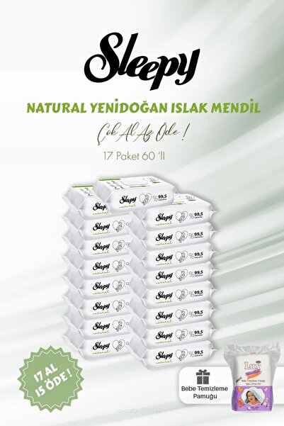 Sleepy Natural Yenidoğan Islak Bebek Havlusu 17 Al 15 Öde 60'lı Ve Bebek Pamuğu