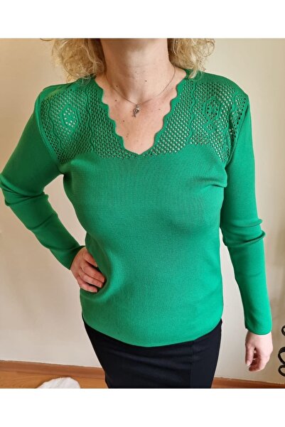 T Guel Kadın Yeşil Yakası Dantelli V Yaka Full Esnek Triko Kazak