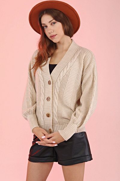 Devinka Stone Colored Hair Braided Balloon Sleeve Loose Knitwear Women's Cardigan