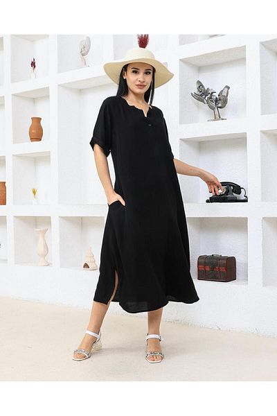 Gökcengirl Plus Size Half Sleeve Lapel Button Up Dress