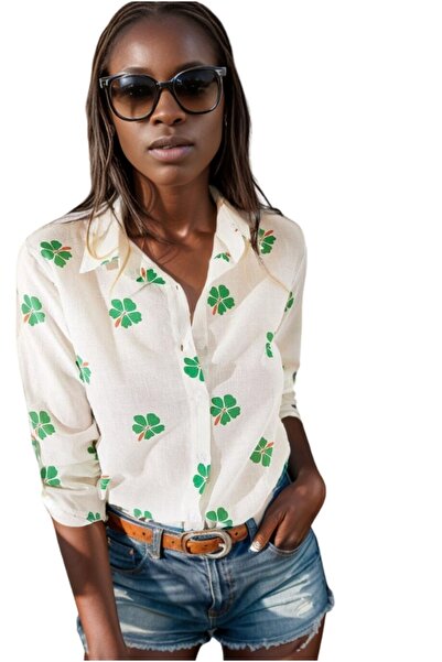 Cassime Дамска ленена риза с флорален принт в зелен цвят - с подгънати ръкави...