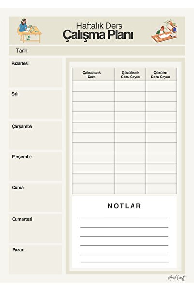 Arilcraft Haftalık A5 Boy Ders Çalışma Planlayıcı