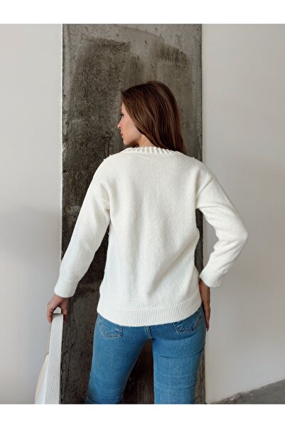 Benisengiydir Cardigan alb de damă, cu decolteu în V, cu perle