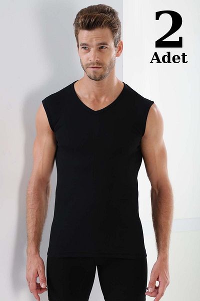 marmara qumasch Men's V-Neck Black T-Shirt and Sleeveless Undershirt Body - 2-Piece 100% Cotton