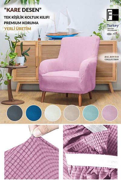 Faiend Flexible Stretch Elastic - Washable Square Patterned Single Armchair Denim Cover