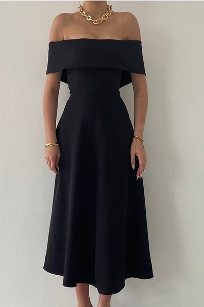 WOMAN VISION Černé šaty Atlas Flared Midi - Madonna Collar 222