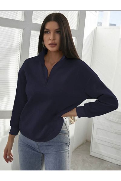 Josette Χειμερινό φούτερ με μισό φερμουάρ - Μπλε Navy Oversize Stand γιακάς