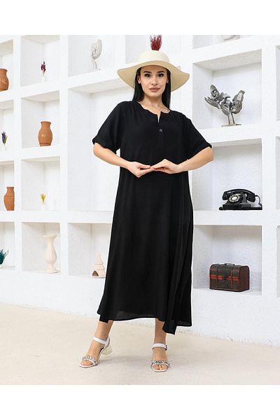 Gökcengirl Plus Size Half Sleeve Lapel Button Up Dress