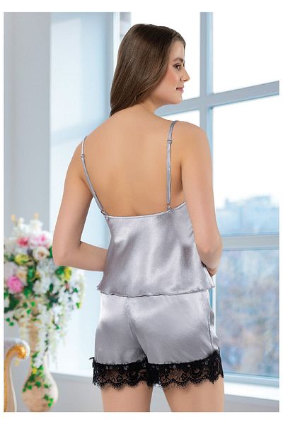FAAL Satin Lace Detailed Degaje Collar Shorts Suit 3101 Gray