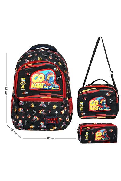 Waddell Set de genți de școală primară Waddellbag Go Kart negru și roșu pentru băiat
