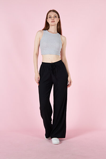 PONÇİK Women's Wide Leg Elastic Waist Seasonal Trousers Wrap Fabric 23018 Black