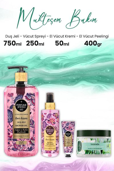 Eyüp Sabri Tuncer Peeling Jasmine 400 Gr, Love Kisses Shower Gel 750 Ml, Hand Cream 50 ml and Body Splash