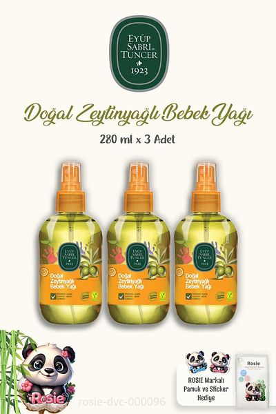 Eyüp Sabri Tuncer 3-Pack Baby Oil with Natural Olive Oil - 280 ml Rosie Cotton, 60 pcs