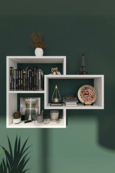 İda Wooden Sage Beyaz Duvar Rafı - Duvar Kitaplığı - Dekoratif Kitaplık