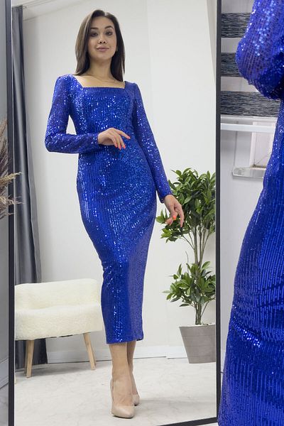 zks grup tekstil Βραδινό φόρεμα Saks Blue Navy - Τετράγωνος γιακάς και παγιέτες, μπορντό, σμαραγδένιο πράσινο, κόκκινο, μπεζ, μαύρο