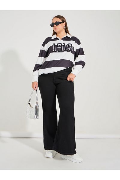 Styli Plus Size Color Block Oversized Embroidered Long Sleeve Polo T-shirt