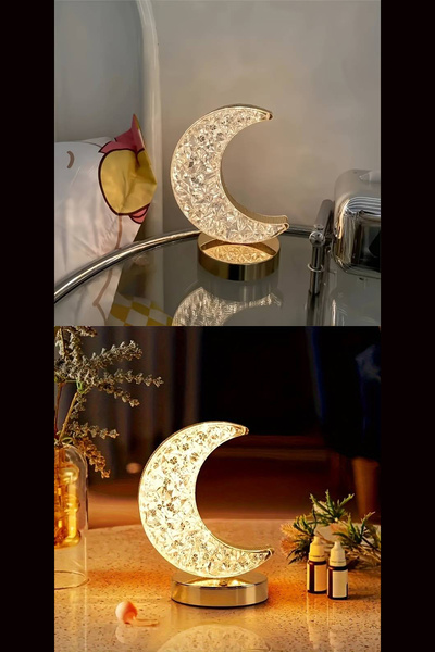 GİLLİ STORE Kristal Işık Yıldız Ay ve Yuvarlak Model Masa Lambası Dokunmatik Dekoratif Led  3 Renk Tonu