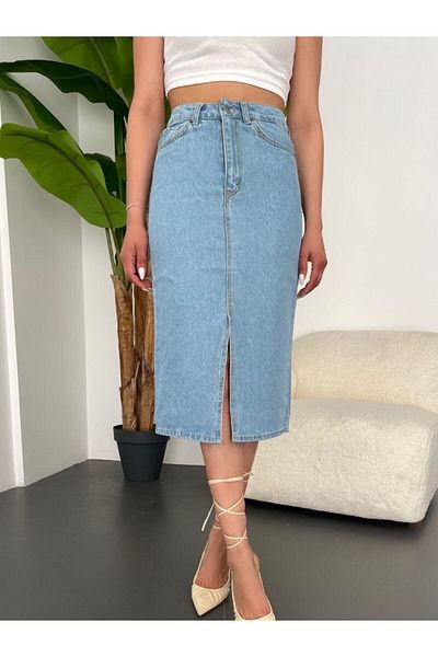 SHEVANE Vane's Women's Midi Length Slit Denim Skirt