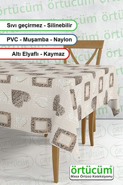 Örtücüm Pvc Muşamba Mutfak Masa Örtüsü Bej Kalp Desenli Elyaflı Silinebilir L...