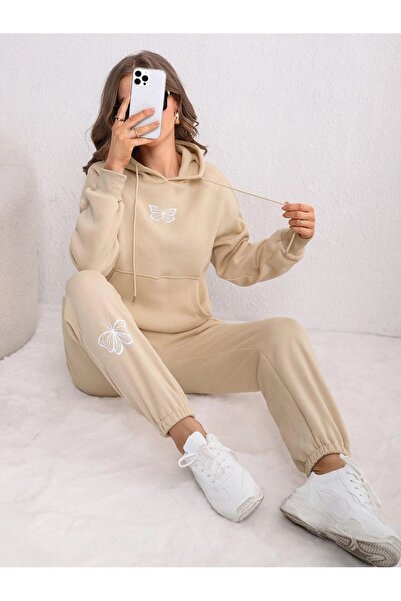 SeusCraft Kelebek Sweatshirt Eşofman Altı Jogger - Bej Baskılı Alt Üst Eşofma...