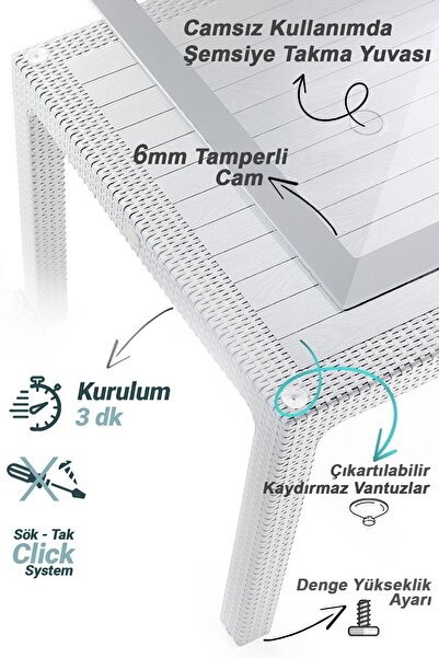 Novussi Nirvana Suya Ve Güneşe Dayanıklı 6 Koltuklu 90x150 Dikdörtgen Camlı Masa Rattan Bahçe Balkon Takımı