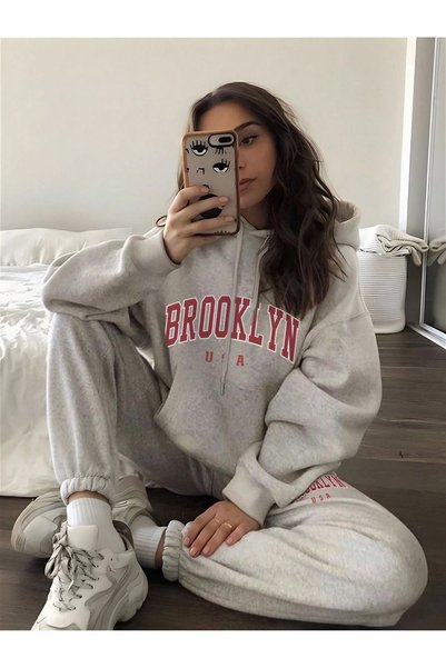 SeusCraft Sweatshirt Eşofman Altı Jogger - Gri Baskılı Alt Üst Eşofman Takımı...
