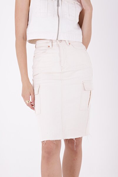 RICHMOST Beige Colored Women's Denim Skirt - Slit and Tassel Finish Detail, C...