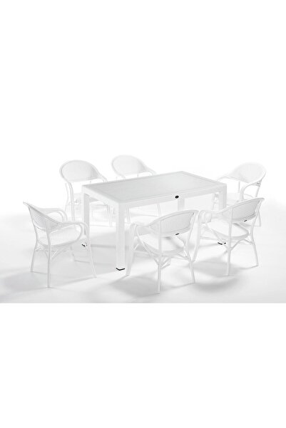 Novussi Nirvana Suya Ve Güneşe Dayanıklı 6 Koltuklu 90x150 Dikdörtgen Camlı Masa Rattan Bahçe Balkon Takımı