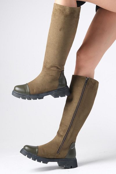 Mio Gusto Green Color Suede Side Zipper Thick Soled Women's Boots