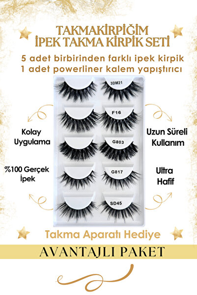 Takmakirpiğim Beşli Yoğun Ipek Takma Kirpik Set Ve Powerliner Şeffaf Kalem Yapıştırıcı (APARAT HEDİYE)
