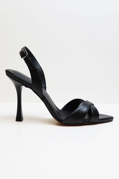 inroen Sivri Burun Çapraz Bantlı Hakiki Deri Topuklu Ayakkabı SİYAH